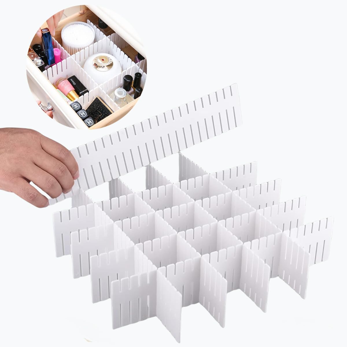 24pcs freely adjustable drawer dividers for organizing messy clothes, cosmetics, stationery, tableware, daily sundries, suitable for kitchen, living room, bathroom, study, office (white)