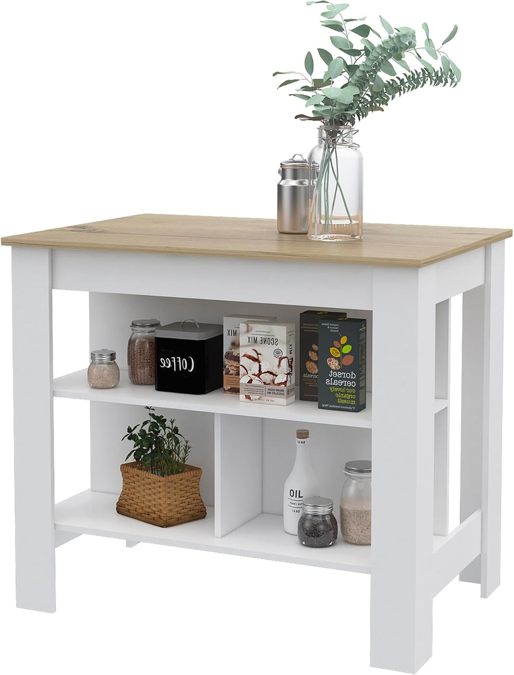 Kitchen Island Dozza with Three Shelves in White and Light Oak | Three storag...