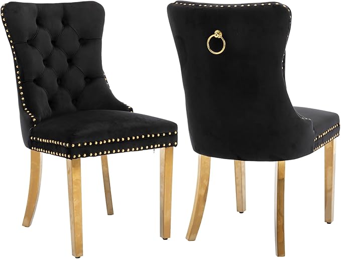 Black Dining Chairs Set of 2, Velvet Upholstered Dining Room Chairs with Back Ring Pull Trim and Golden Stainless Steel Legs, Tufted Wingback Chair Perfect for Dining Room,Kitchen(Black)