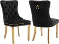 Black Dining Chairs Set of 2, Velvet Upholstered Dining Room Chairs with Back Ring Pull Trim and Golden Stainless Steel Legs, Tufted Wingback Chair Perfect for Dining Room,Kitchen(Black)