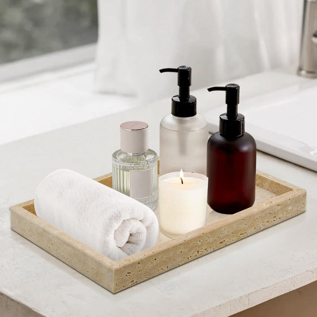 Travertine Tray,Bathroom Vanity Tray Non-Ceramic/Non-Resin,Marble Perfume Decorative Tray 12 x 8 inch (Travertine)