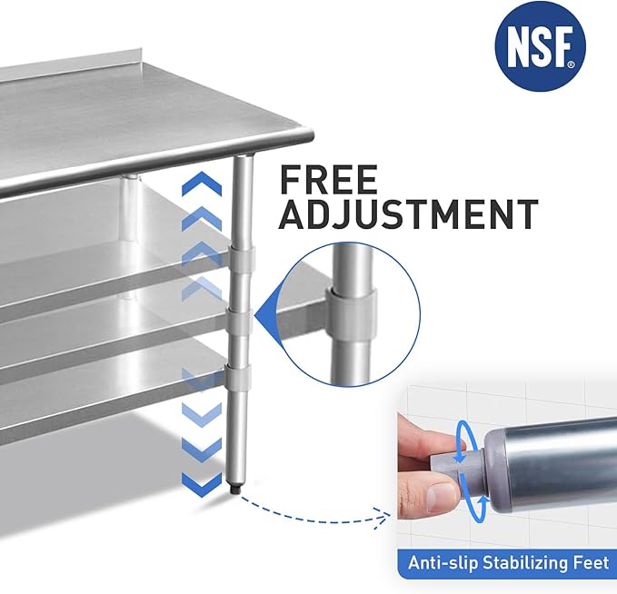 ROCKPOINT Stainless Steel Table for Prep & Work with Backsplash 18x60 Inches, NSF Metal Commercial Kitchen Heavy Duty Table with Adjustable Under Shelf and Table Foot for Restaurant, Home and Hotel