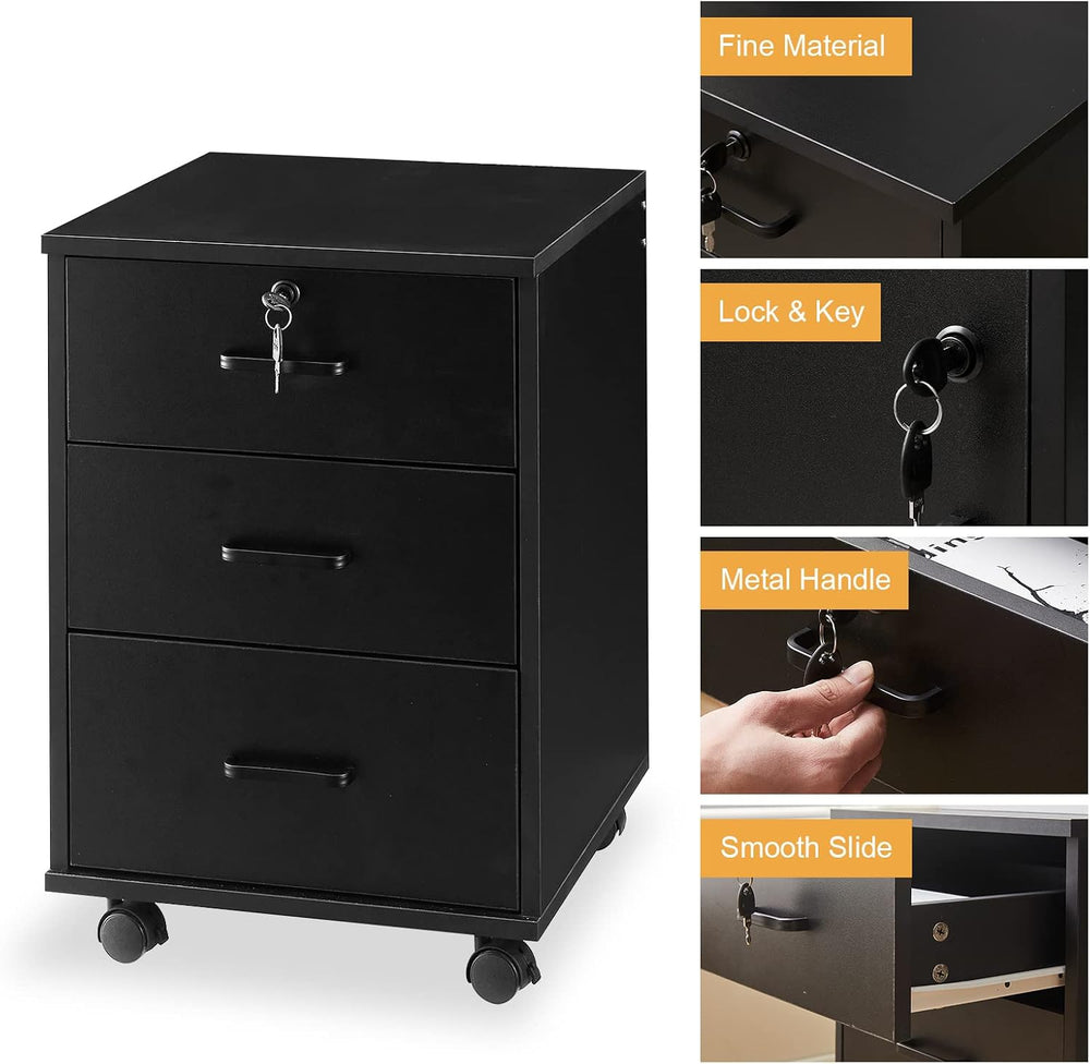 TUKAILAi Mobile File Cabinet with 3 Drawers, Lockable Storage Unit Wooden Rol...