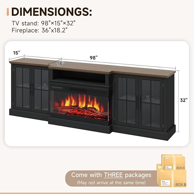 Black 98" Farmhouse TV Stand with 36" Fireplace for Living Room,Media Entertainment Center with Adjustable Shelves and Large Storage Cabinets, TVs up to 100"