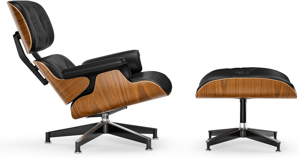 Top Black PU Leather, Mid Century Chaise Lounge Chair and Ottoman, Modern Cha...