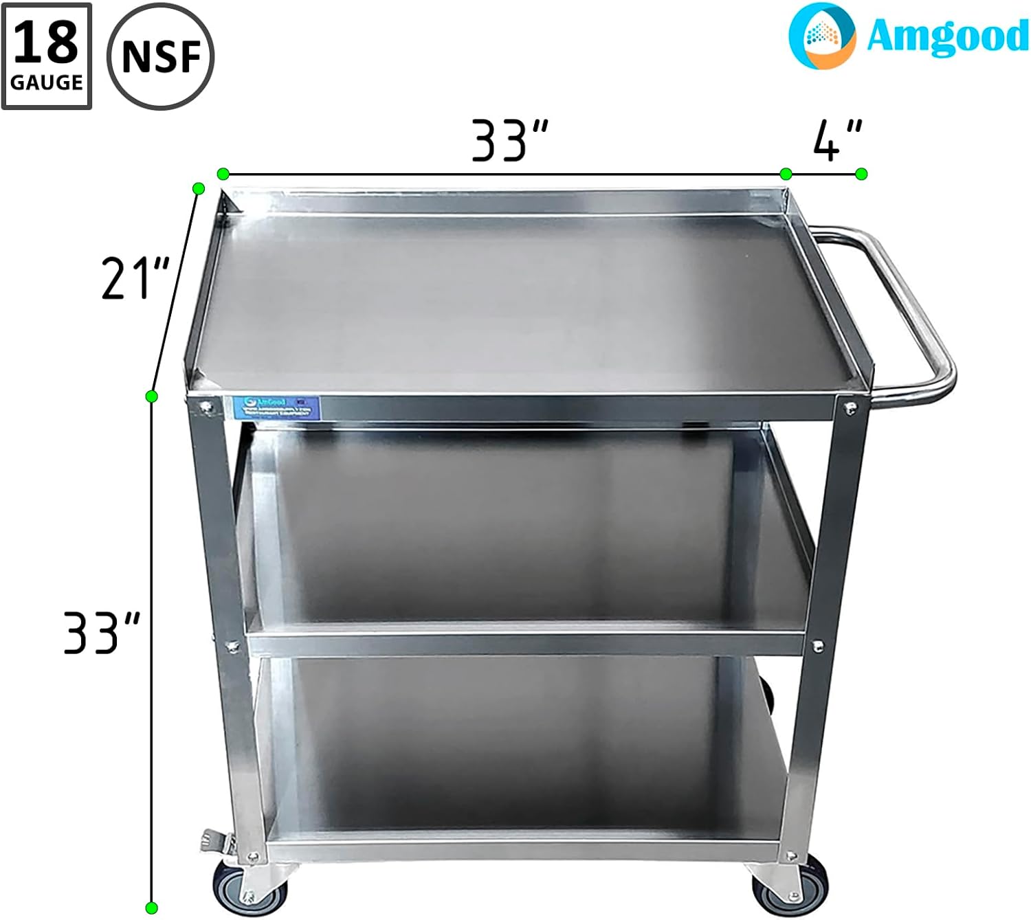 21 in. Wide X 33 in. Long X 33 in High | 3 Shelf Metal Utility Cart on Wheels with Handle