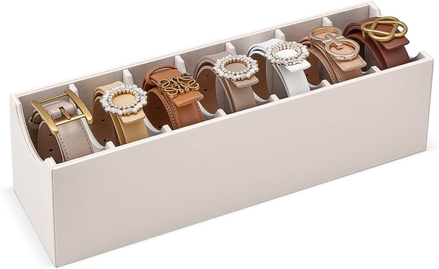 Lolalet 7 Compartments Belt Organizer, PU Leather Belt Holder with Soft Lining, Extra-Wide Slots for Women, Fits Drawer, Closet & Entryway Cabinet -1 Pack, Cream