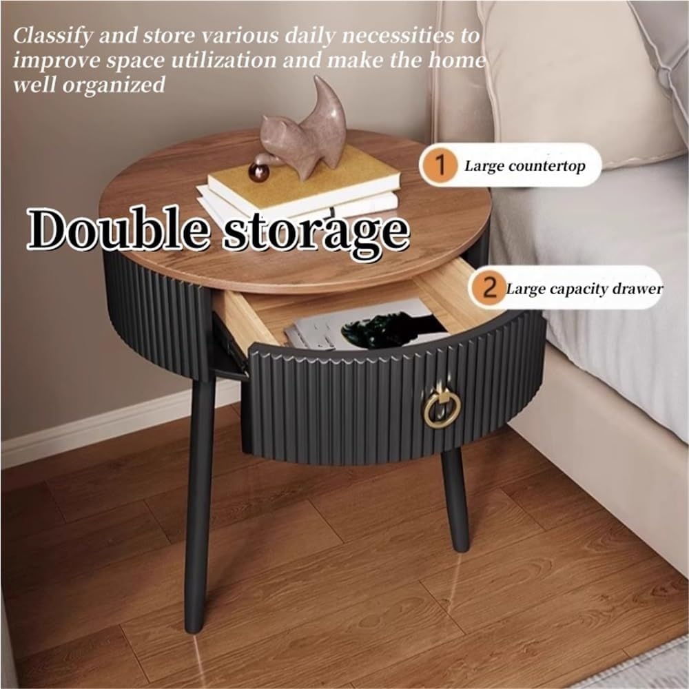 Modern Round End Table with Drawer Wood Double Storage Nightstand Side Table ...