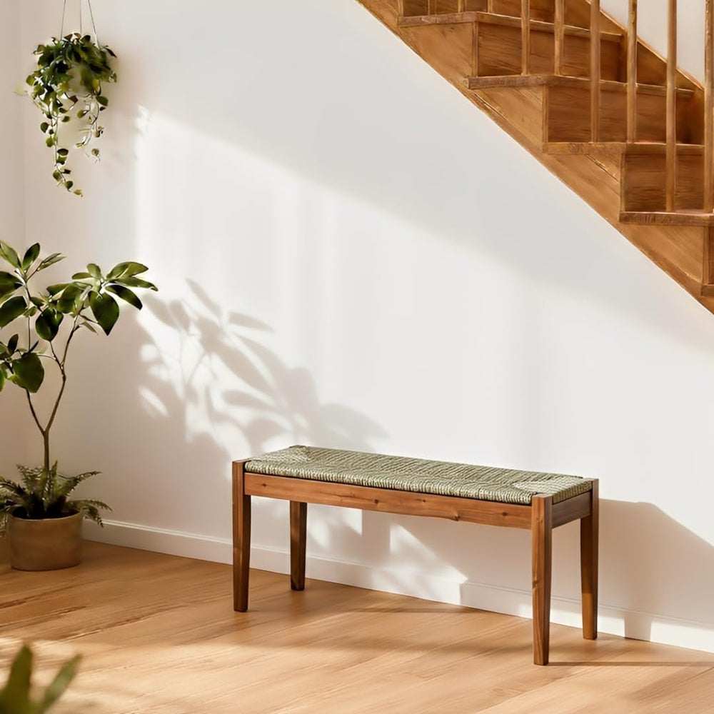 Solid Wood Acacia Indoor Bench with Natural Woven Seat, 45 Inch Wood Bench fo...