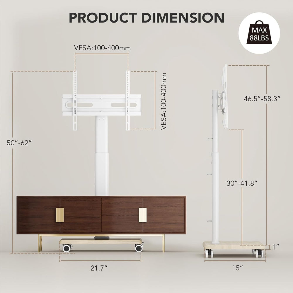 AX WABER Mobile TV Stand for 27 to 65 Inch TVs,Portable Rolling TV Cart on Wh...
