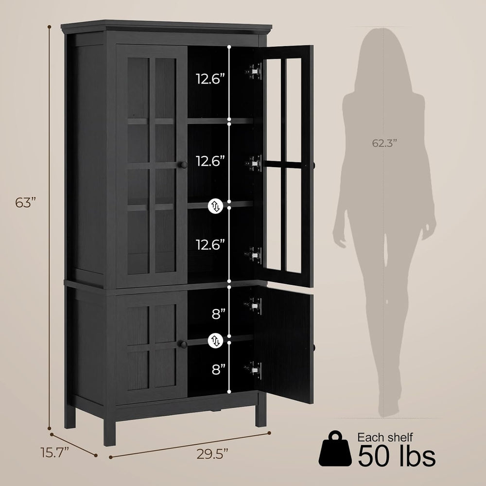Farmhouse 63" Kitchen Pantry Storage Cabinet with Glass Doors & Hidd...