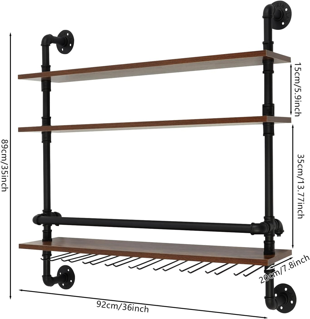36in Rustic Metal Floating Bar Shelves Wall Mounted, 3-Tier Industrial Pipe S...