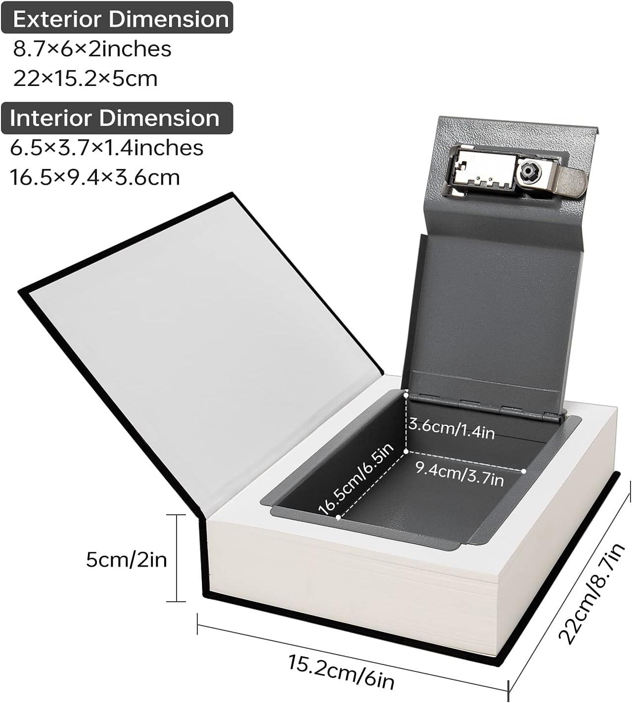 Leather Book Safe (Size 8.7"×6"×2") Real Paper Secret for Jewelry, Money and Cash, Diversion Book Safe,Hollow with Hidden,Combination Lock (M, Black-Combination)