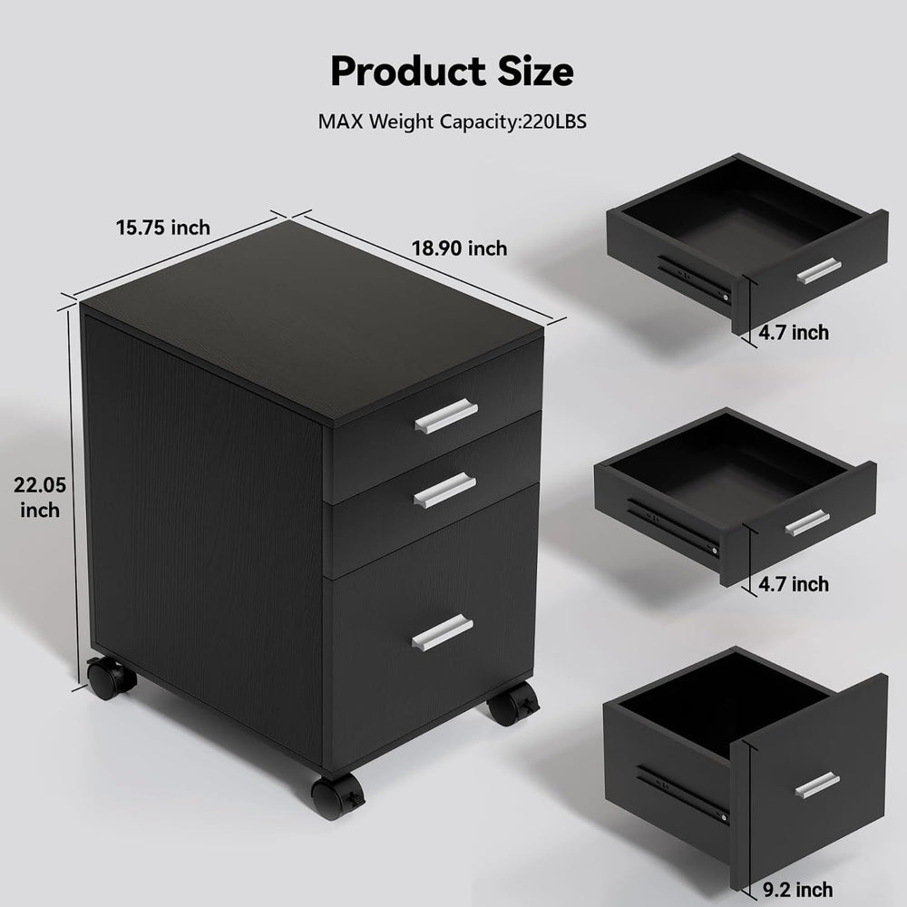 3 Drawer Storage Cabinet,Preassembled Black Wooden Organizer for Files,Under ...