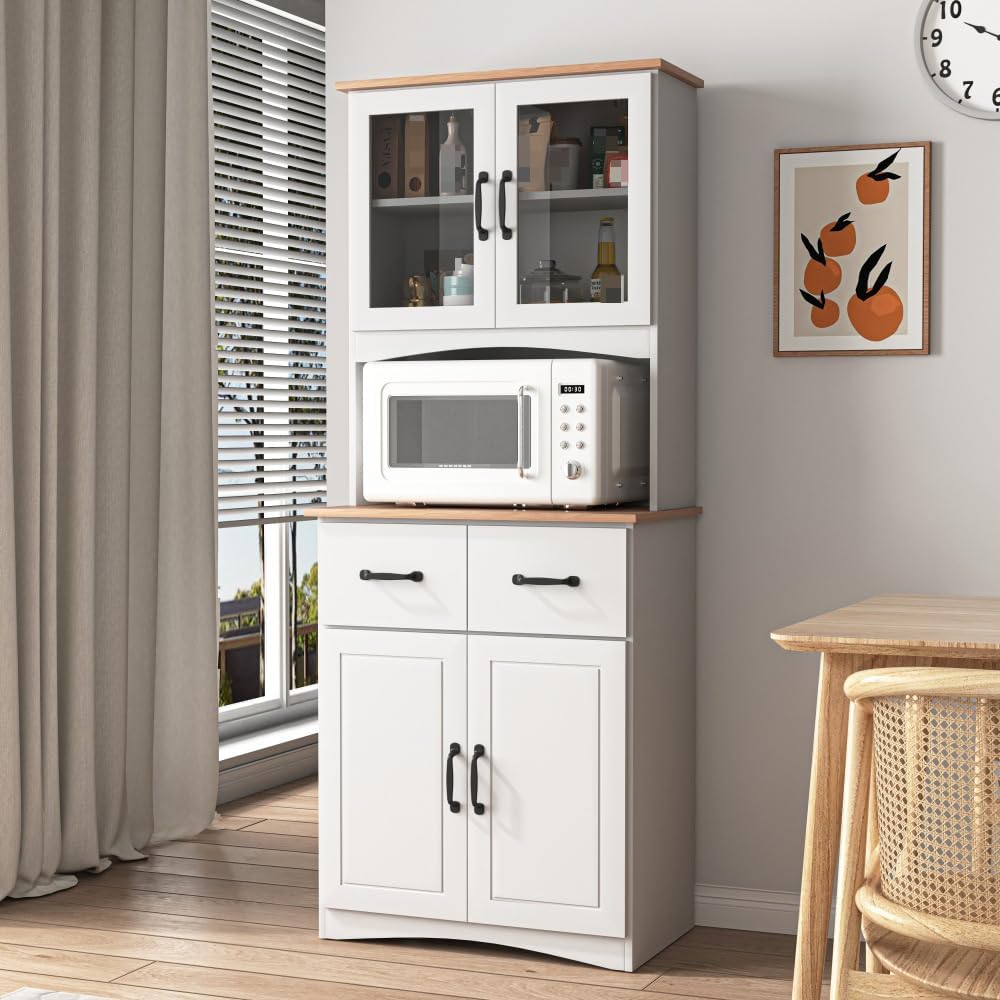 White Wooden Kitchen Cabinet, Pantry Storage Unit with Framed Glass Doors, Mi...