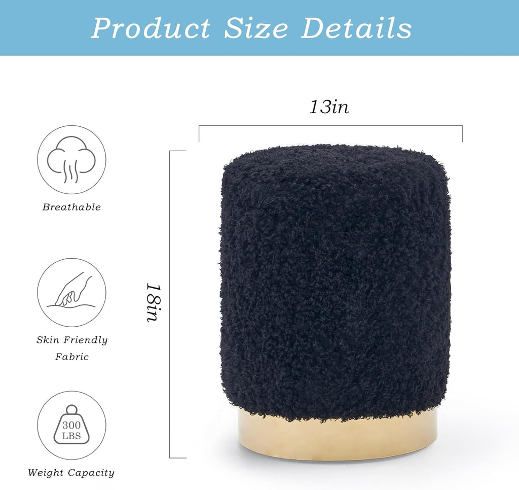 Velvet Storage Ottoman Multipurpose Footrest Stool with Metal Base Modern Round Vanity Stool Chair Ottoman Foot Stools Support 300 lbs Padded Seat for Living Room (Black-Long Wool)
