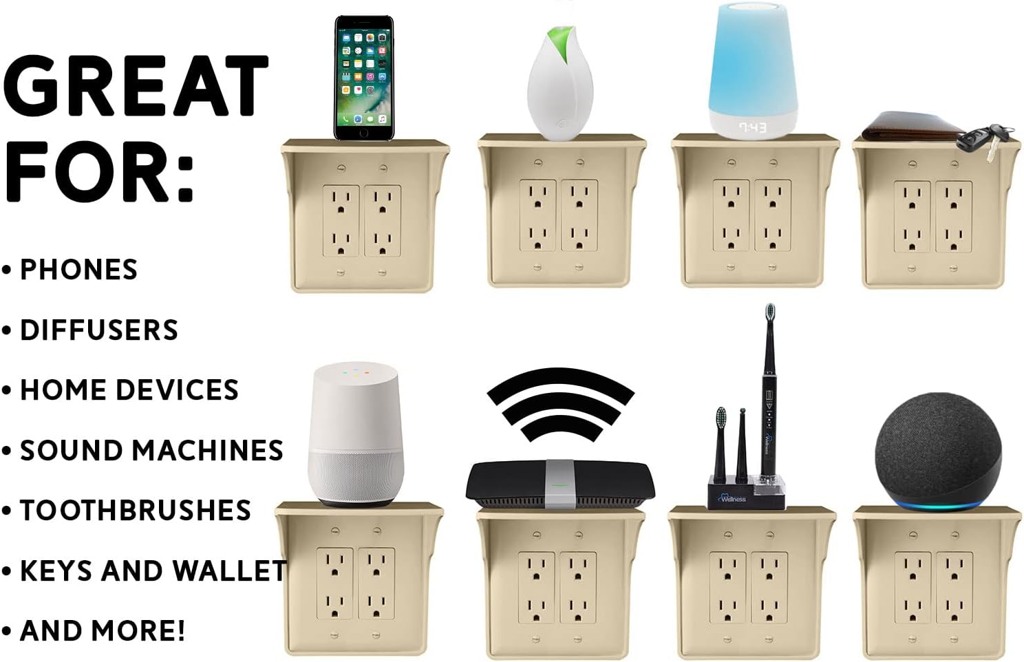 Power Perch Double Wall Outlet Shelf with Cord Storage Strap - Declutter & Reclaim Bathroom Counter Space - Alexa Stand, Apple Homepod Shelf, Toothbrush Holders Wall Mounted - Almond, 2-Pack