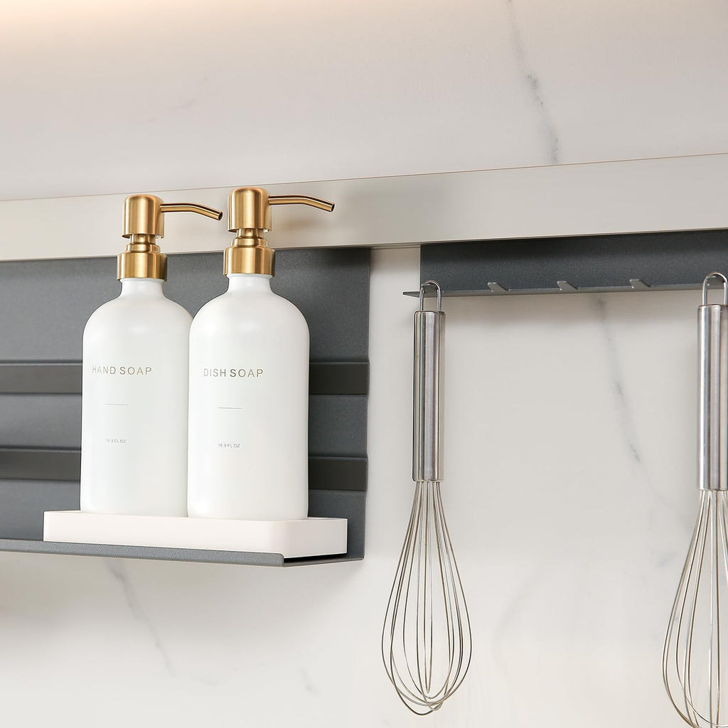 Gold Soap Dispenser Set, Glass Soap Dispenser with Stainless Steel Pump, Perfect for Modern Kitchen Counter Decor. (Gold)