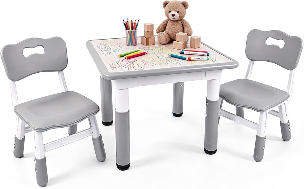Pterying Kids Table and Chairs Set - 23.6" L x 23.6" W Height Adjustable Toddler Desk, Non-Slip Toddler Table with Graffiti Desktop for Ages 2-8, for Home Preschool Classroom Daycare, Grey