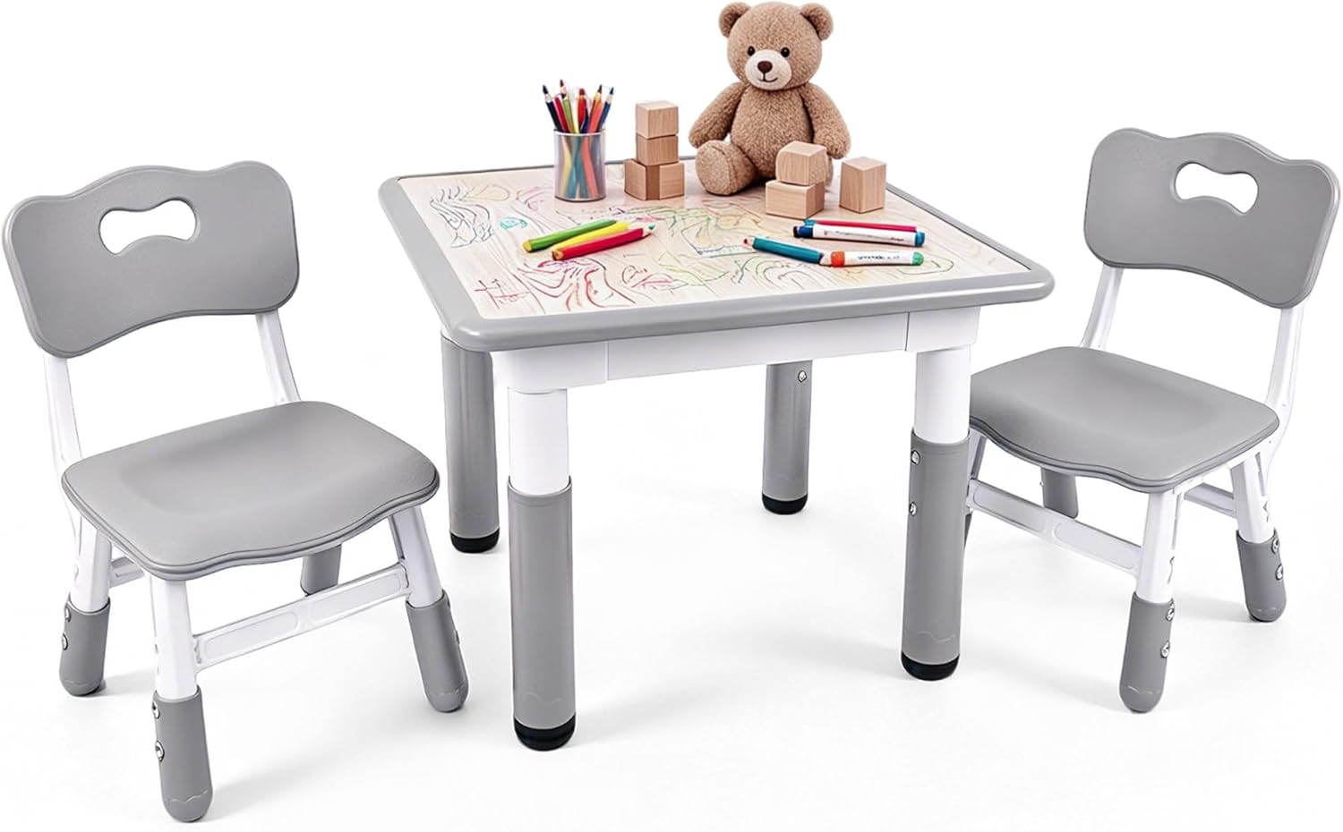 Pterying Kids Table and Chairs Set - 23.6" L x 23.6" W Height Adjustable Toddler Desk, Non-Slip Toddler Table with Graffiti Desktop for Ages 2-8, for Home Preschool Classroom Daycare, Grey