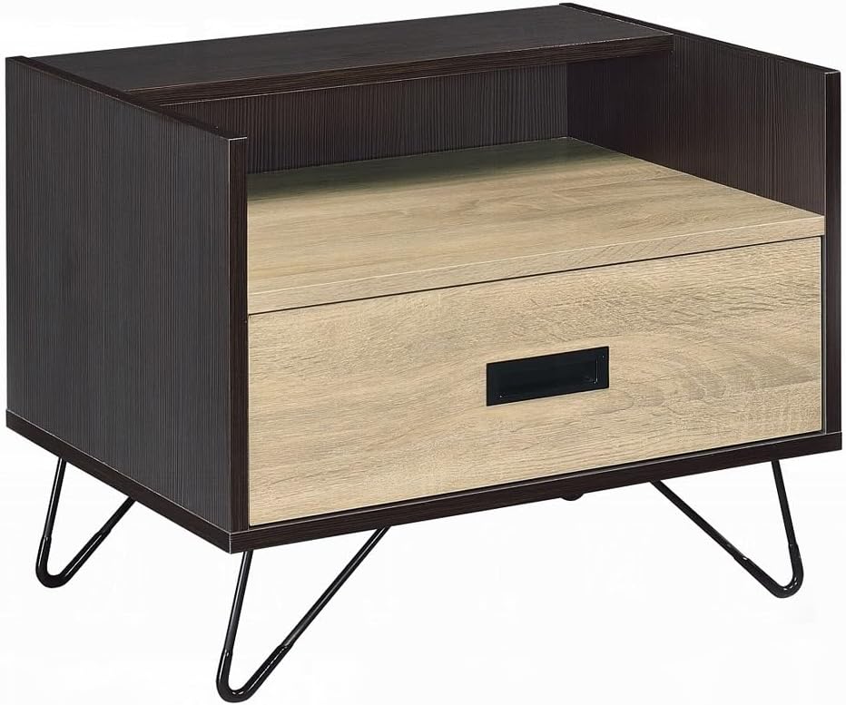 One Drawer Nightstand with Open Compartment, Oak and Black,for Small Spaces