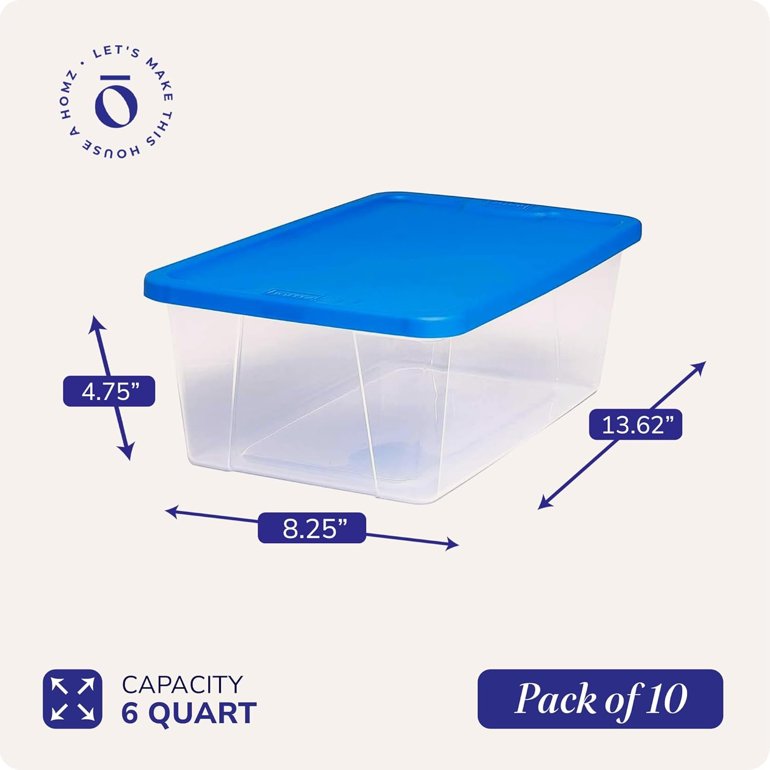HOMZ 10-Pack Snaplock, Small Clear Plastic Storage Organizer Bins w/Lids, 6 Quart, Blue - Stackable Container Boxes for Bedroom, Bathroom, Garage, and Office Organization