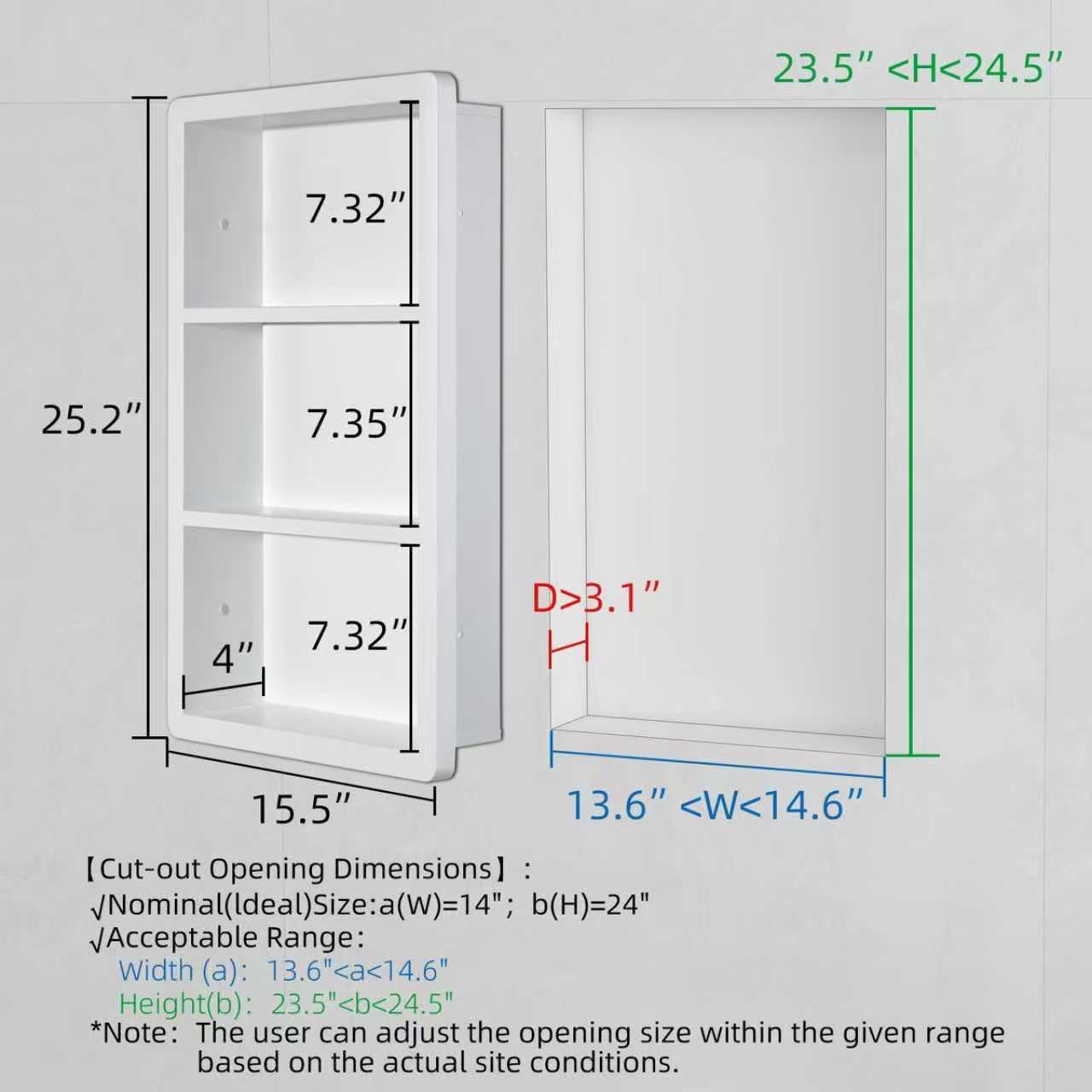 Recessed Medicine Cabinet No Mirror - 14x24 Bathroom Storage Wall Cabinet with 2 Shelves, 304 Stainless Steel Shower Niche, Matte White Waterproof for Bathroom, Toilet, Vanity