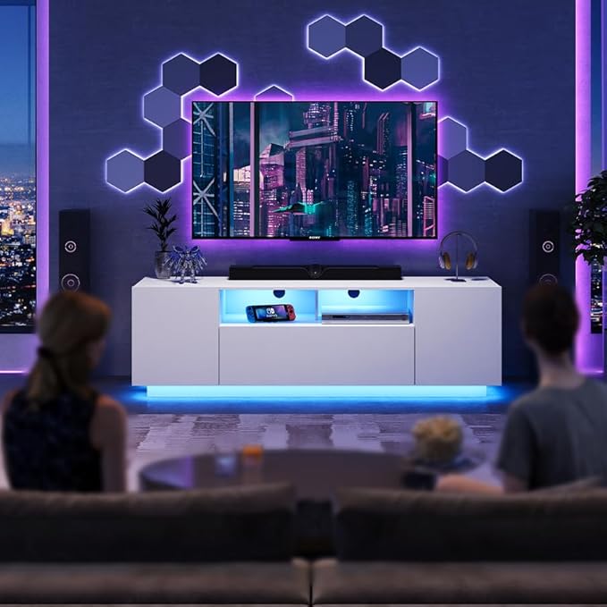 WLIVE Modern TV Stand for 65 Inch TV, Entertainment Center with LED Lights & Large Storage Cabinets, Sturdy Media Console for Living Room, Bedroom, Gaming(White)