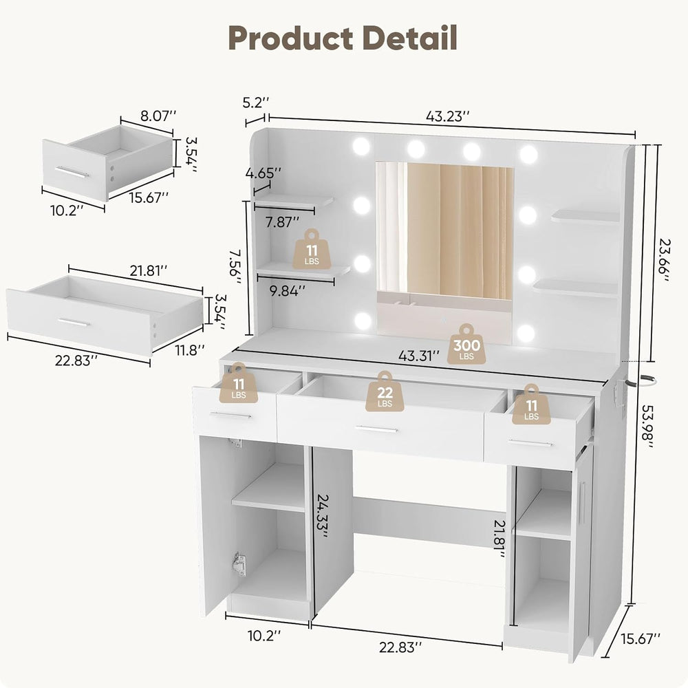 OLIXIS Vanity Desk with Mirror and LED Bulbs, Power Outlet Makeup Table with ...