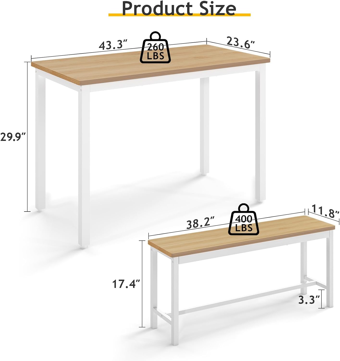Rovibek 43" Dining Room Table Chairs Set for 4, Modern Space Saving Kitchen Table with 2 Benches & Adjustable Feet Breakfast Table, Wooden Industrial Style Farmhouse, White