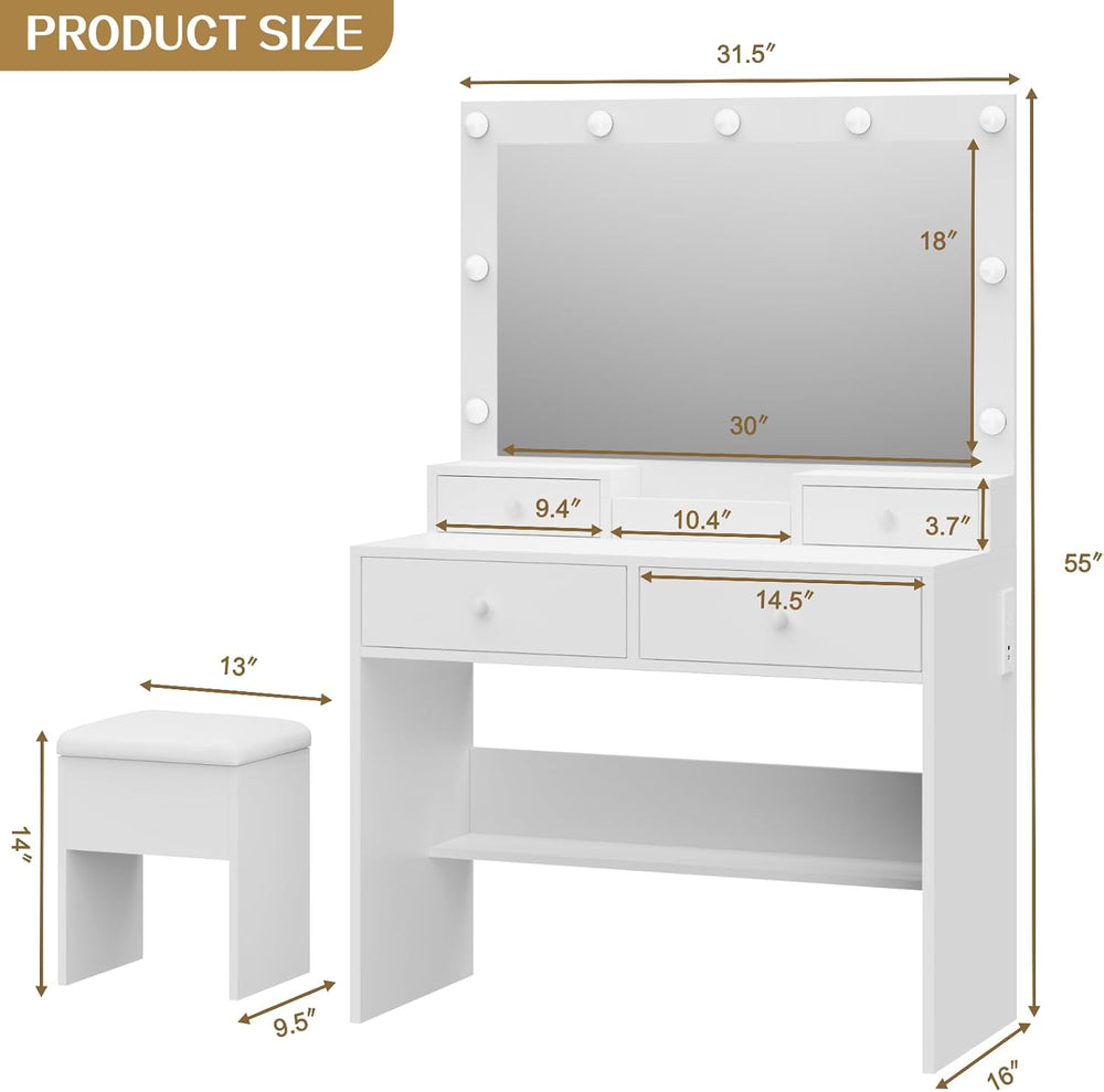 Haewon Vanity Desk Set with LED Mirror, Storage Chair, White Makeup Table | B...