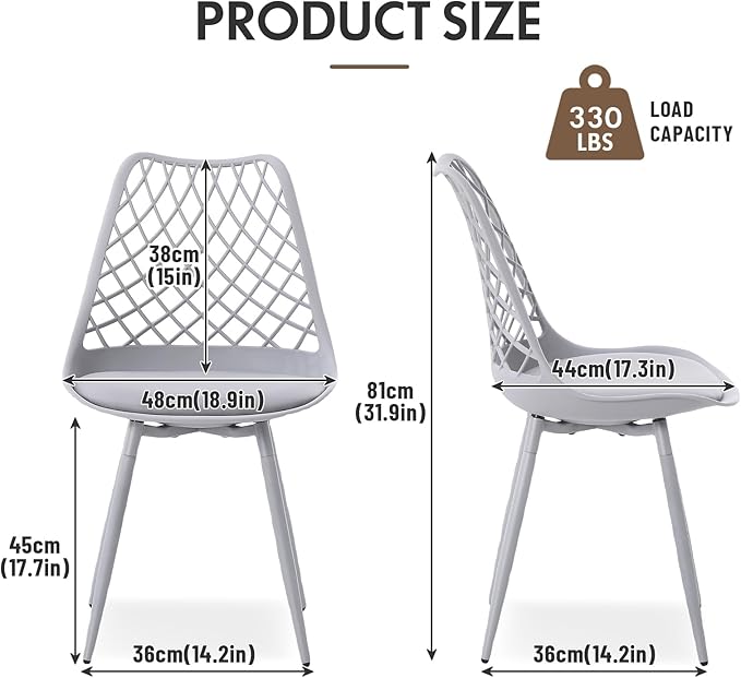 Mid Century Plastic Dining Chair Set of 4 - Padded Tulip Chairs for Kitchen Living Room Mesh Design - Simple Modern Side Chair with PU Cushion for Indoor Outdoor Bistro Patio Cafes -Gray