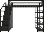 Merax Queen Size Metal Loft Bed with Wardrobe & Storage Staircase, 4-Tier Shelves, Full-Length Guardrails, 400 lbs Capacity, No Box Spring Needed Easy Assembly for Bedroom, Black