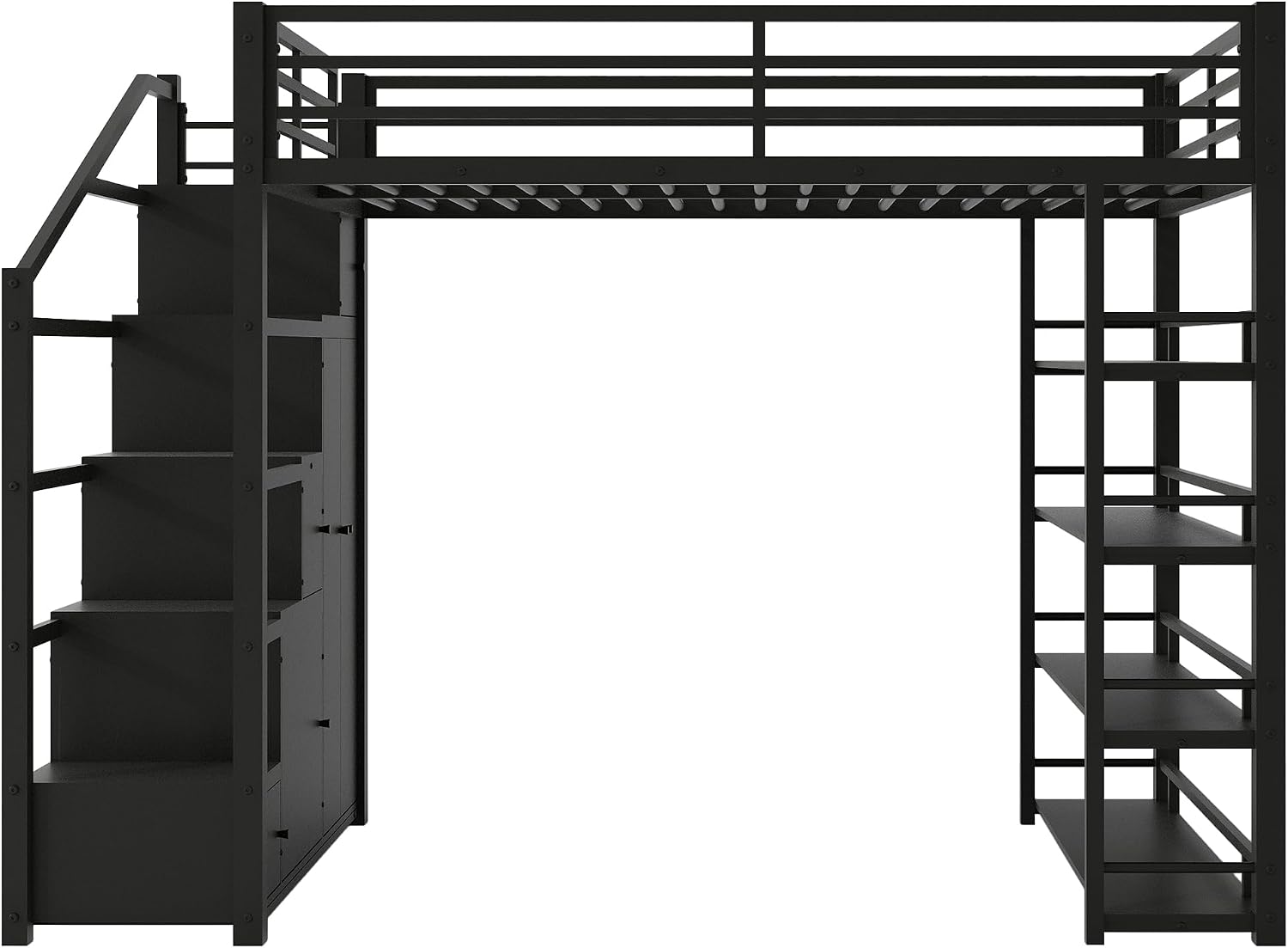 Merax Queen Size Metal Loft Bed with Wardrobe & Storage Staircase, 4-Tier Shelves, Full-Length Guardrails, 400 lbs Capacity, No Box Spring Needed Easy Assembly for Bedroom, Black