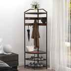 GiftGo Corner Hall Tree with Shoe Bench Entryway Coat Rack with 10 Metal Movable Hooks Floor Standing Clothes Rack Shoes Shelf Organizer for Home Office Bedroom (Rustic Brown)