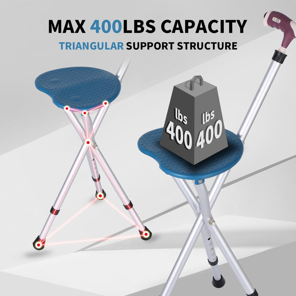 Folding Stool with LED Light, Adjustable Walking Cane Seat, Portable Tripod C...
