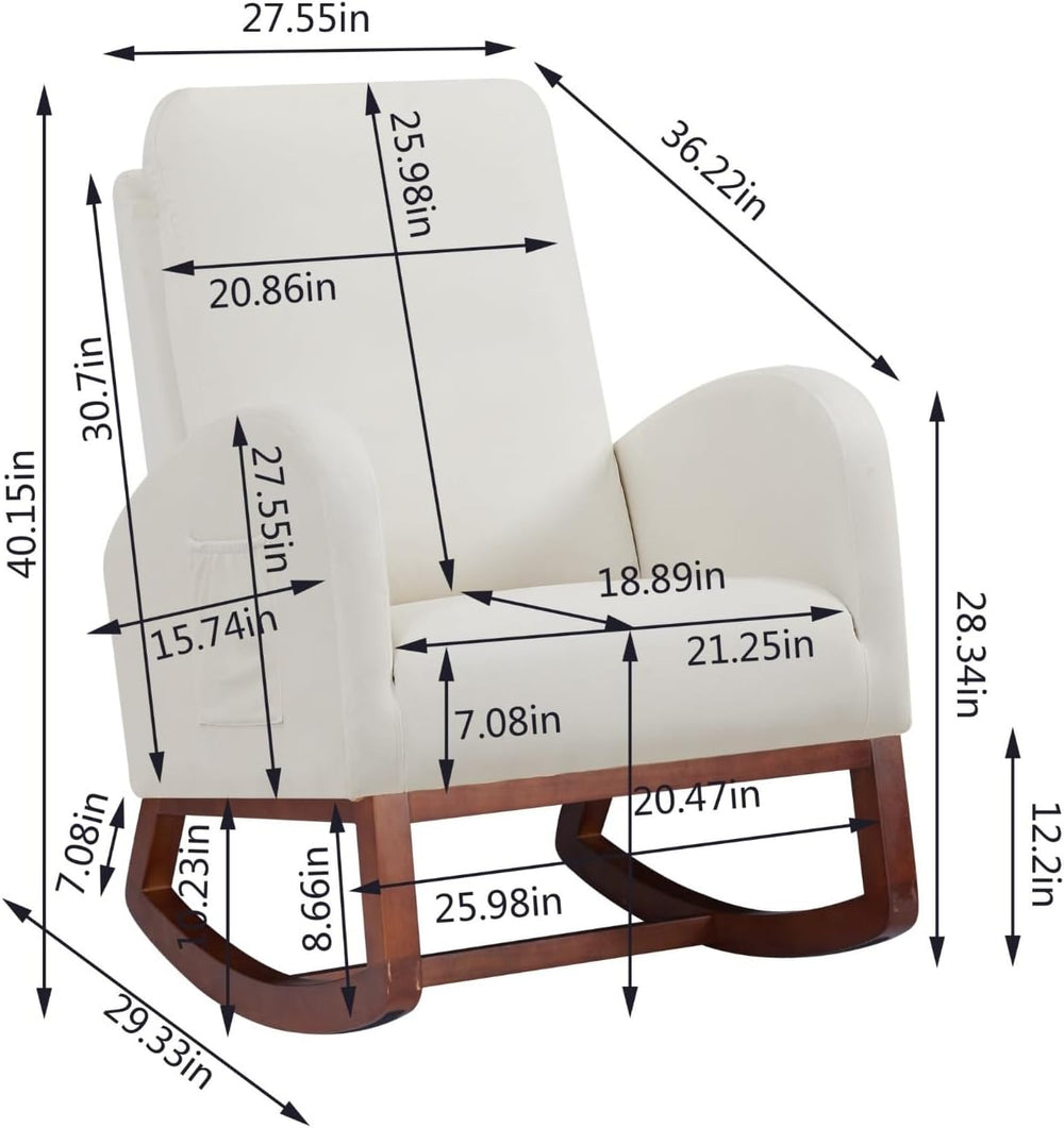 Beige, High Back Side Bag Flannelette Wood Indoor Rocking Chair, Brown Legs
