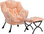 HollyHOME Faux-Fur Lazy Chair with Foldable Ottoman, Accent Comfy Lounge Arm Chair and Folding Footrest Stool Set, Leisure Sofa Reading Chair and Footstool for Living Room, Bedroom, Orange&White