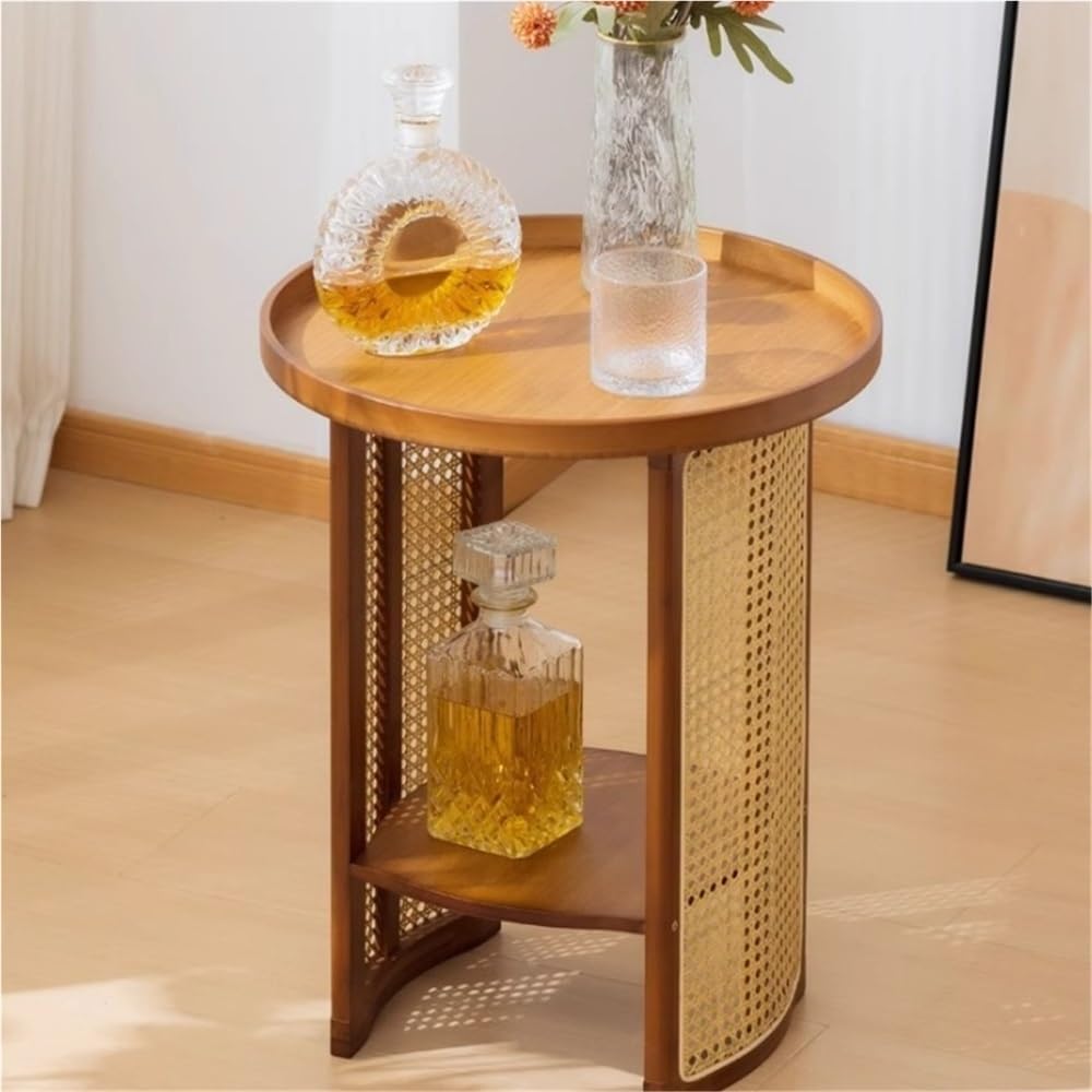 2-Layer Storage End Table, Resin Rattan Small Side Table, Small Round Table w...