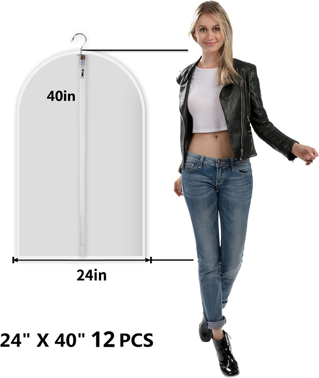 MsKitchen Garment Bags 12 Pack, 24 x 40 Hanging Clothes Storage Bags, Translucent PEVA Garment Covers with Full Zipper for Suits and Dresses