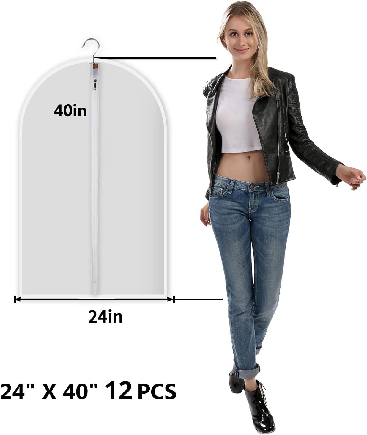 MsKitchen Garment Bags 12 Pack, 24 x 40 Hanging Clothes Storage Bags, Translucent PEVA Garment Covers with Full Zipper for Suits and Dresses