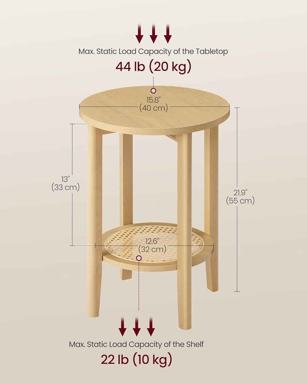 VASAGLE Round Side End Table, 2-Tier Boho Bedside Table with Rattan-Look Stor...