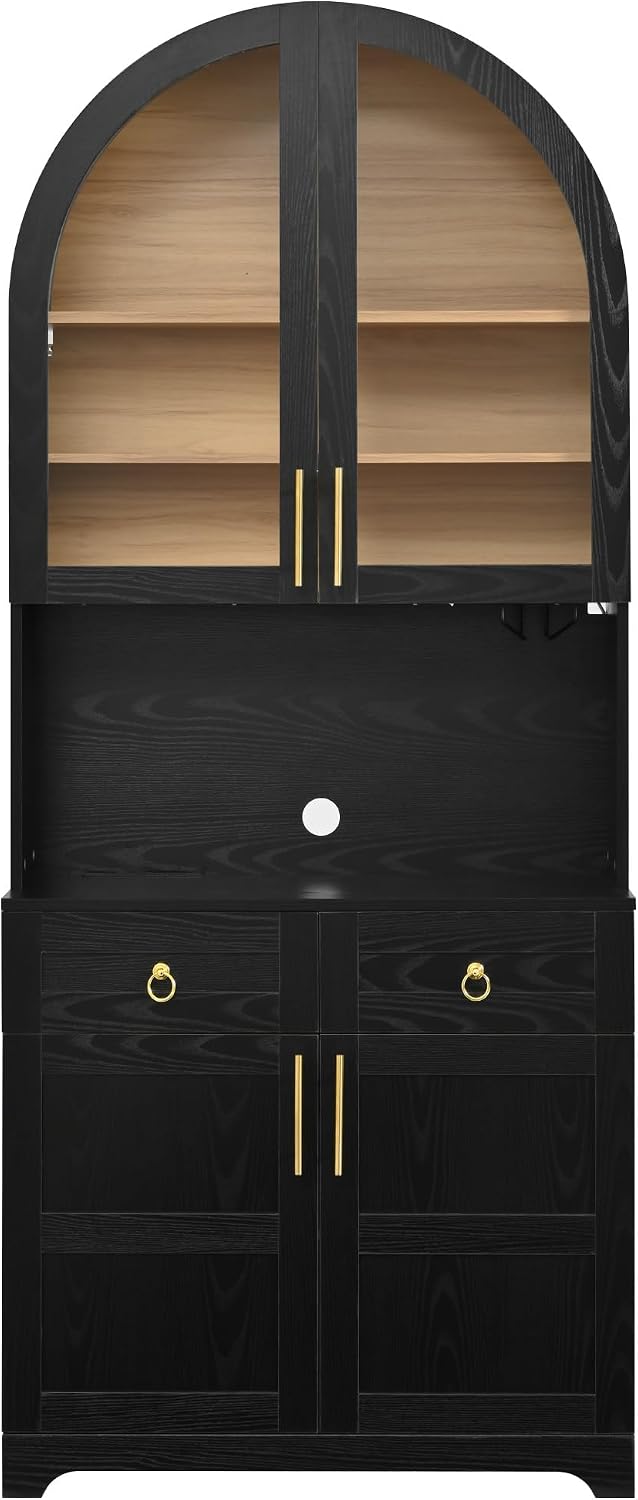 74.8" Tall Arched Kitchen Pantry with Power Outlet & LED Light, Kitc...