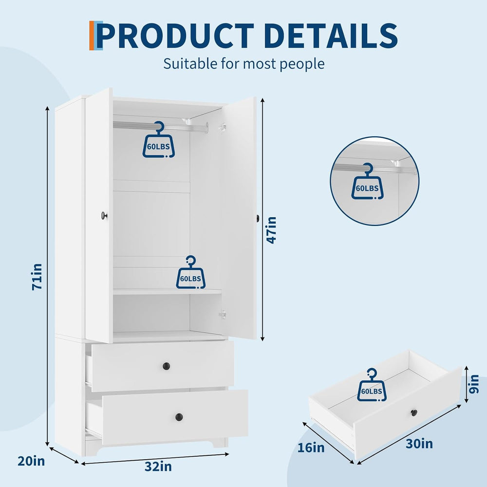 Garvee 71" Armoire Wardrobe Closet, Modern Wooden Bedroom Armoire with 2...