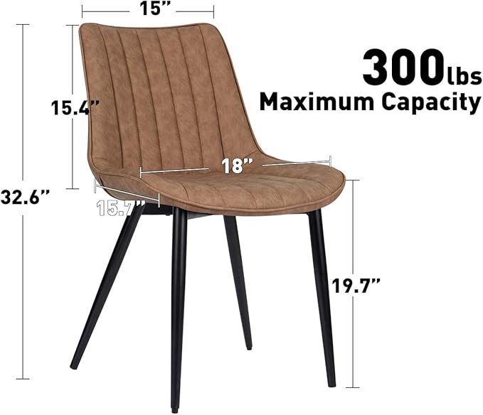 Faux Leather Dining Chairs Set of 2 Mid Century Modern Leisure Upholstered Chair with Metal Legs for Kitchen Living Room Brown