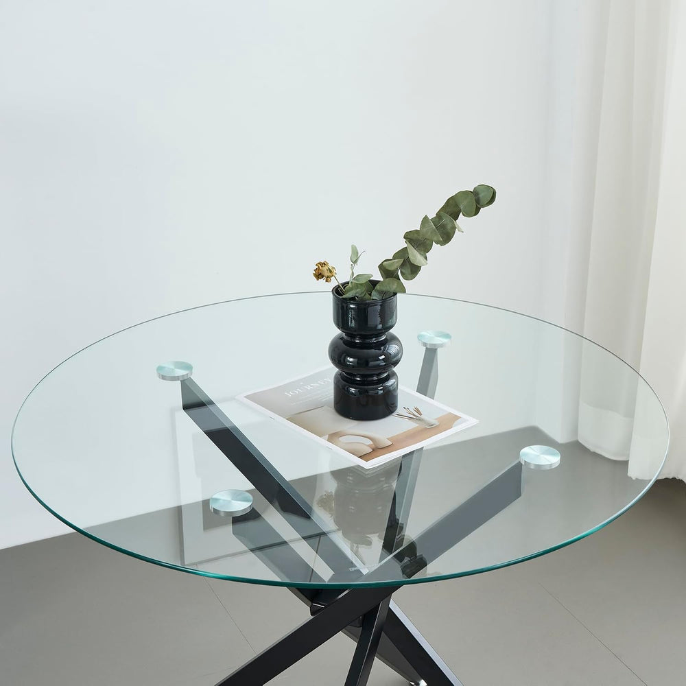 36" Round Glass Dining Table for 4, Circle Kitchen Table with Tempered G...