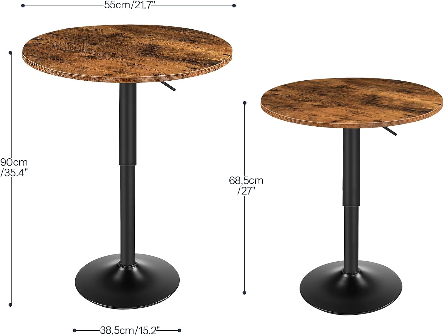 HOOBRO 2 Pcs Bar Table, Height-Adjustable Round Pub Table 27-35.4 Inches with Sturdy Base, Modern Style, Easy to Assemble, Suitable for Small Space, Rustic Brown and Black BF58BTP201G1