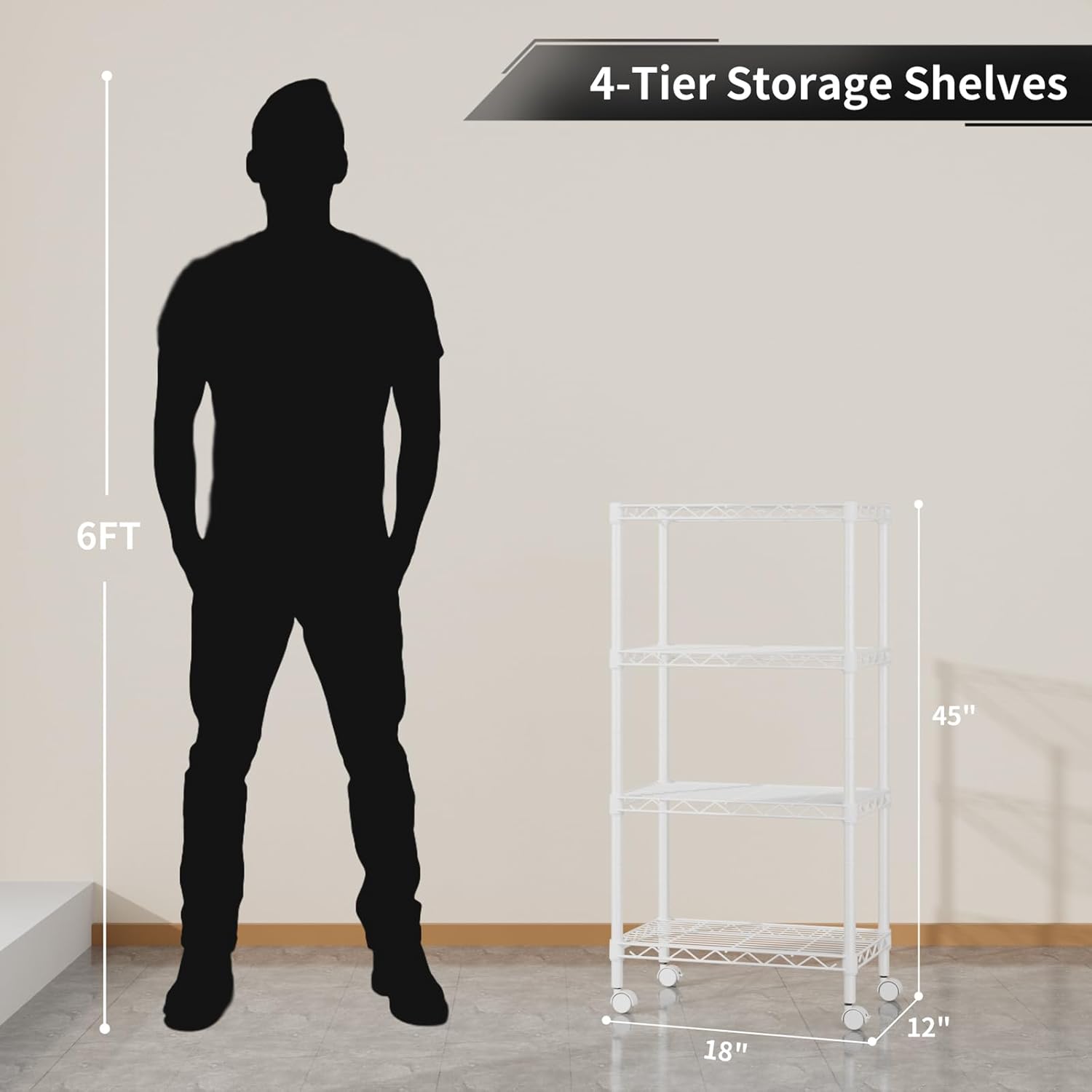 Small 4 Tier Shelves Storage Wire Shelving Unit Metal Shelf Adjustable Organizers Storage Shelving with Wheels for Bathroom Laundry Room Kitchen Pantry12”D x 18”W x 44.8”H White