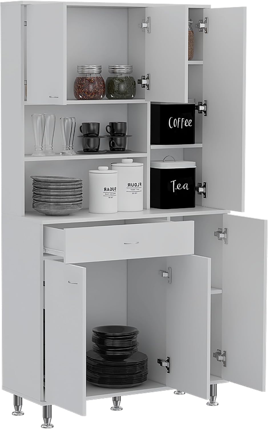 90 Kitchen Pantry Cabinet, Two Open Shelves, One Drawer, Multiple Cabinets, W...