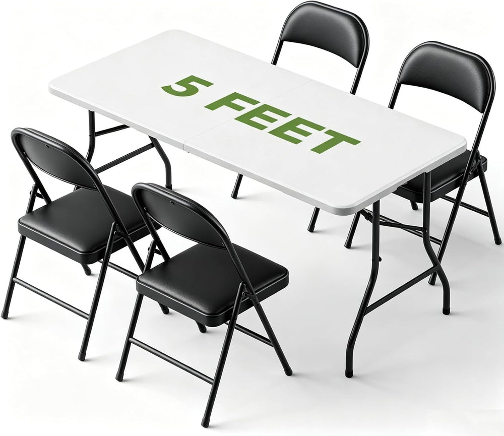 Folding Dining Table Set for 4, 5FT Foldable Plastic Table with Carrying Hand...